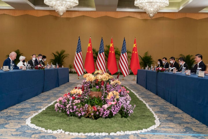 President Joe Biden, left, is seated with Chinese President Xi Jinping, right, for a meeting on the sidelines of the G20 summit meeting, Nov. 14, 2022, in Bali, Indonesia. (AP Photo/Alex Brandon)