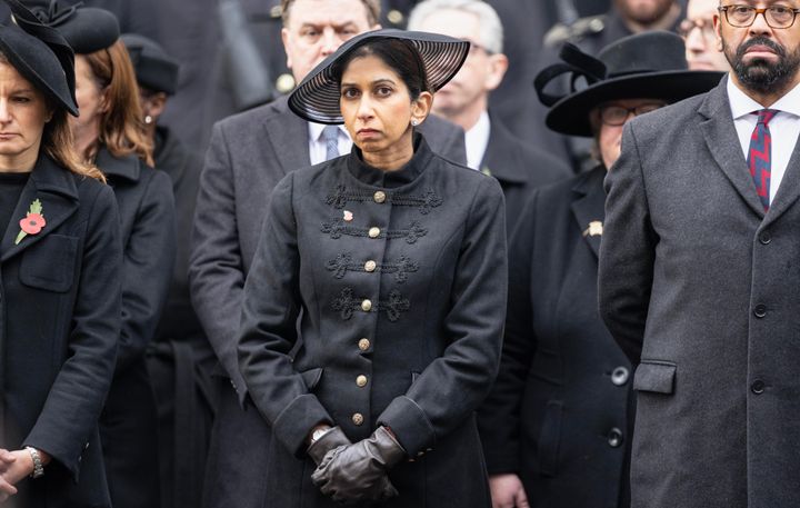 Suella Braverman stands at the Cenotaph on Remembrance Sunday.
