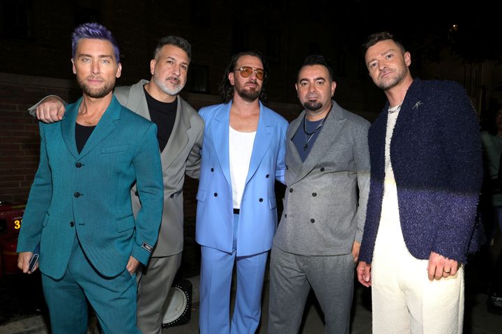 (Left to right) Lance Bass, Joey Fatone, JC Chasez, Chris Kirkpatrick and Justin Timberlake of *NSYNC reunited to attend the 2023 MTV Video Music Awards at Prudential Center in September. 