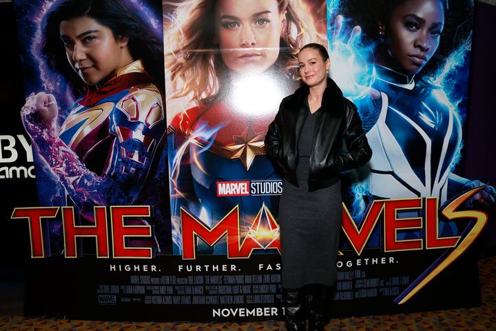 "The Marvels" star Brie Larson attends the superhero film's movie-theater pop-in on Nov. 10, 2023 in New York City.
