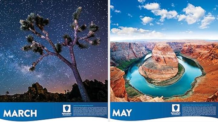 The National Parks Foundation 2024 wall calendar's March and May photographs.