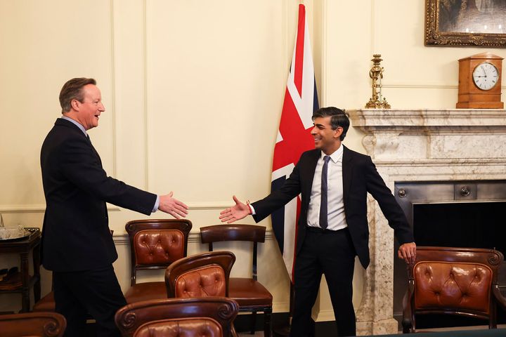 <strong>Rishi Sunak greets his new foreign secretary, David Cameron.</strong>