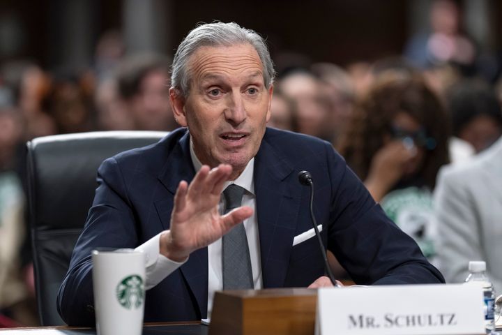 Former Starbucks CEO Howard Schultz testifying at a Senate hearing on the union campaign. Schultz disputed the charges and decisions against the company.
