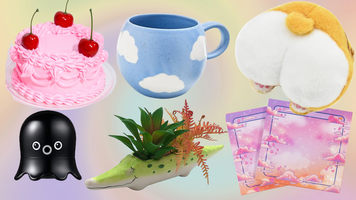 A Jenny Lemons fake cake craft kit, Sips By mug, corgi butt coin purse, TonyMoly octopus blackhead scrubber, crocodile planter and kawaii-inspired sticky notes from Etsy.