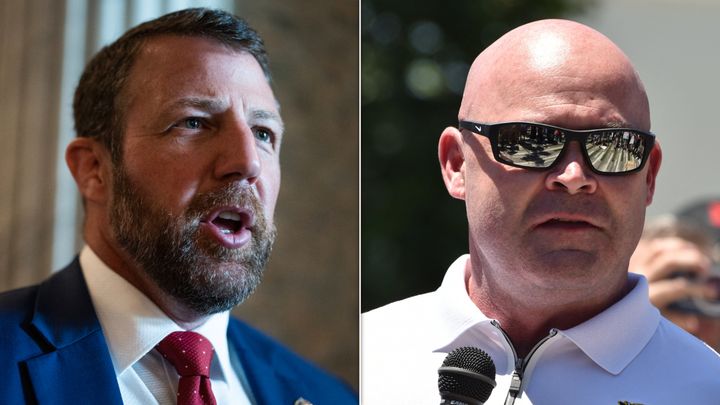 Sen. Markwayne Mullin (R-Okla.), at left, challenged International Brotherhood of Teamsters President Sean O'Brien, right, to a physical fight on Tuesday.