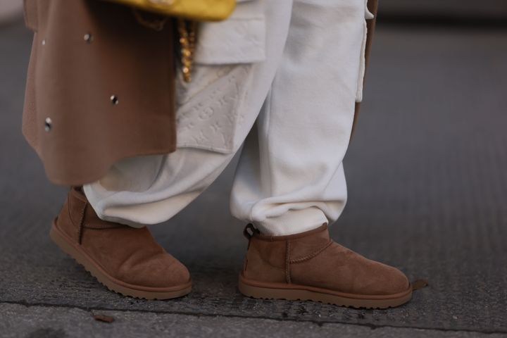 Karin Teigl is seen wearing Ugg ultra mini beige boots, on Nov. 25, 2022, in Vienna, Austria.