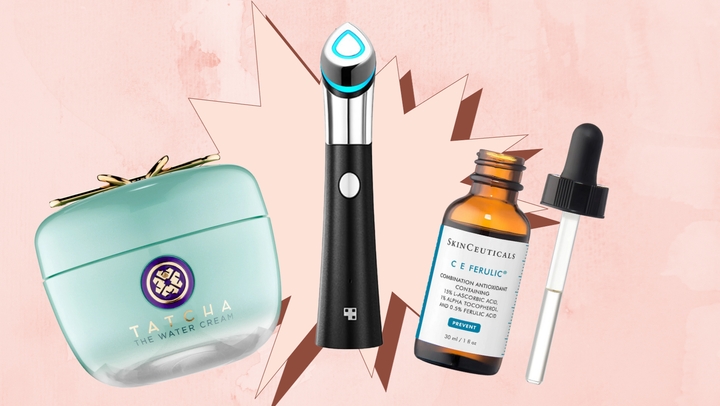Tatcha's The Water Cream, the Medicube Age-R Booster H device and SkinCeuticals C E Ferulic serum.