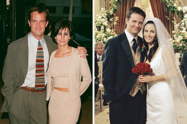 Friends stars Matthew Perry and Courteney Cox pictured together both in and out of character