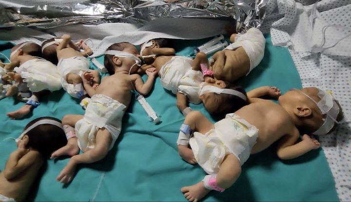 A screen grab captured from a video shows premature babies under treatment in the neonatal intensive care unit, removed from their incubators and transferred to another department in the hospital after Israel began attacking Al-Shifa Hospital in Gaza City on November 14, 2023.
