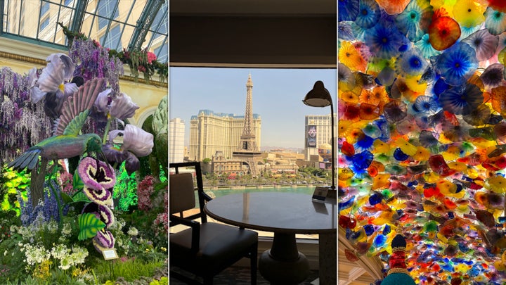 From left: Bellagio Conservatory & Botanical Gardens, a room view and Chihuly glass ceiling.