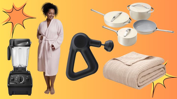 A Vitamix blender, Parachute bathrobe, TheraGun Prime massage gun, Caraway cookware and Emme muslin blanket.