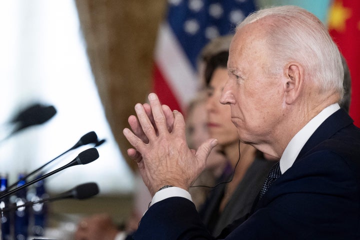 US President Joe Biden looks on during a meeting with Chinese President Xi Jinping, not pictured, during the Asia-Pacific Economic Cooperation (APEC) Leaders' week in Woodside, California on November 15, 2023. Biden and Xi will try to prevent the superpowers' rivalry spilling into conflict when they meet for the first time in a year at a high-stakes summit in San Francisco on Wednesday. With tensions soaring over issues including Taiwan, sanctions and trade, the leaders of the world's largest economies are expected to hold at least three hours of talks at the Filoli country estate on the city's outskirts. (Photo by Brendan Smialowski / AFP) (Photo by BRENDAN SMIALOWSKI/AFP via Getty Images)