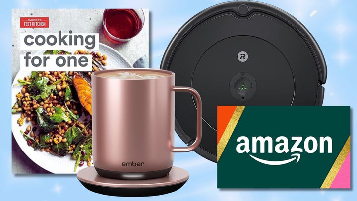The "Cooking For One" cookbook, an Ember temperature control mug, a Roomba 694 robot vacuum and an Amazon gift card.