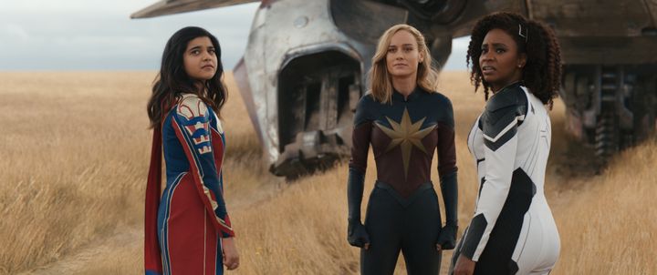 Iman Vellani as Ms. Marvel/Kamala Khan (left), Brie Larson as Captain Marvel/Carol Danvers and Teyonah Parris as Captain Monica Rambeau in Marvel Studios' "The Marvels."