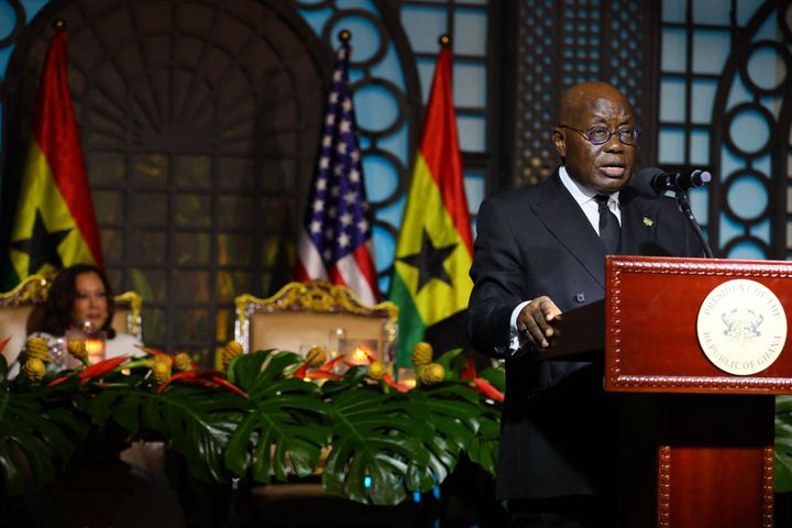 Ghana President Nana Akufo-Addo speaks at a state banquet at the Jubilee House in Accra, Ghana, on March 27, during a visit by U.S. Vice President Kamala Harris. Ghana, which has yet to build a reactor, has joined the pledge for a global increase in the use of nuclear energy.