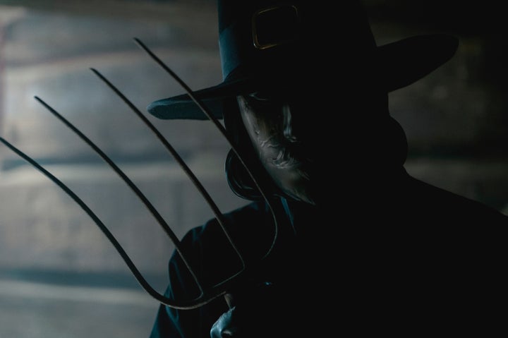 Oh, and the "Thanksgiving" villain wears the mask of original Pilgrim and Plymouth's inaugural governor, John Carver. Because, why not.