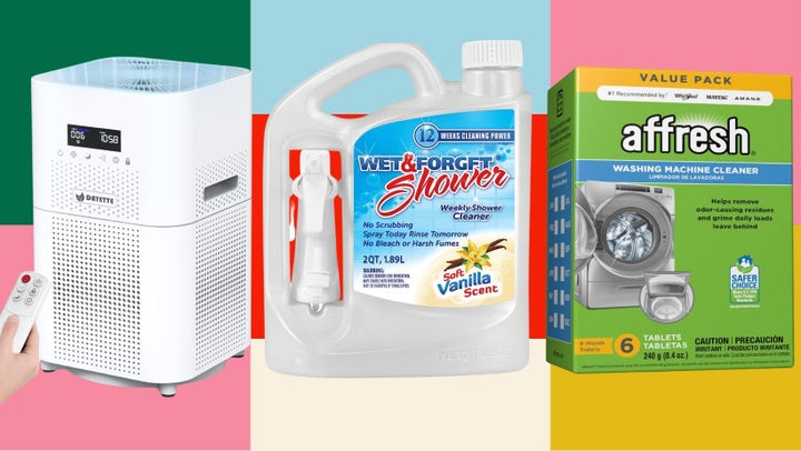 A HEPA filter air purifier, a no-scrub shower cleaner and washing machine cleaning tablets. 