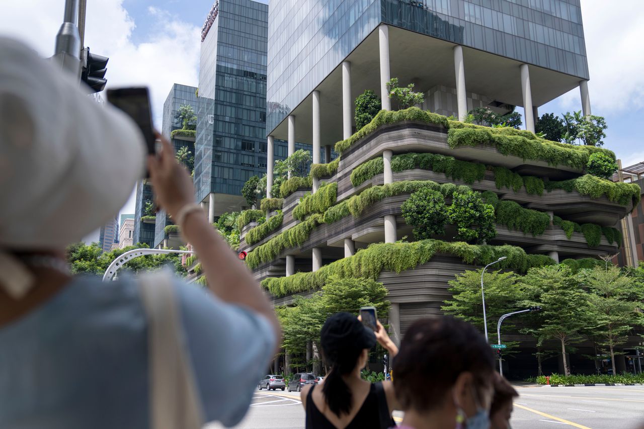 Πυκνή βλάστηση καλύπτει την πρόσοψη του ξενοδοχείου Parkroyal on Pickering στη Σιγκαπούρη, συμβάλλοντας στη διατήρηση της δροσιάς του κτιρίου και στη μείωση του λειτουργικού ενεργειακού κόστους.