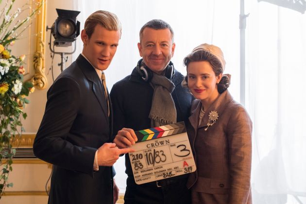 Writer/Creator Peter Morgan with Matt Smith (Prince Philip) and Claire Foy (Queen Elizabeth II) on the set of The Crown