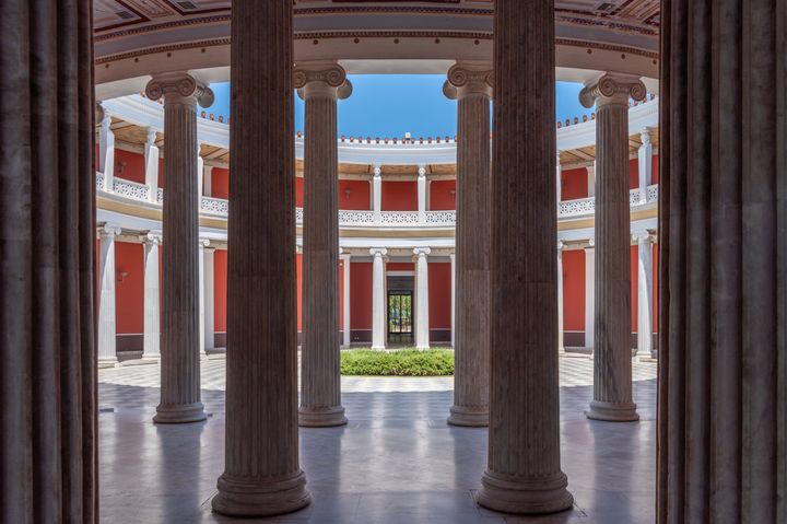 This is a photo of the Zappeion hall inner courtyard in Athens, Greece. Built in 1896 for the first modern Olympic games. In this hall the accession of Greece into the EU was signed in 1979.