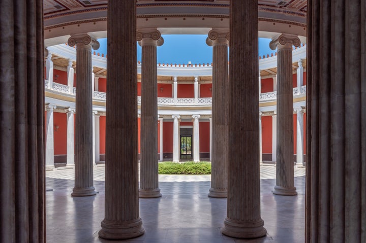 This is a photo of the Zappeion hall inner courtyard in Athens, Greece. Built in 1896 for the first modern Olympic games. In this hall the accession of Greece into the EU was signed in 1979.