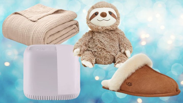A Canopy bedside humidifier, adult baby blanket, weighted microwavable plush figurine and Ugg Scuffette slipper.