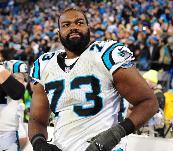 Michael Oher with the Carolina Panthers in 2016. The depiction of his early years, before becoming a star college player, in the movie 