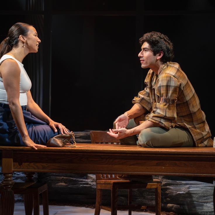 Elizabeth Frances and Enrico Nassi in the New York premiere production of "Manahatta," written by Mary Kathryn Nagle and directed by Laurie Woolery, at the Public Theater.