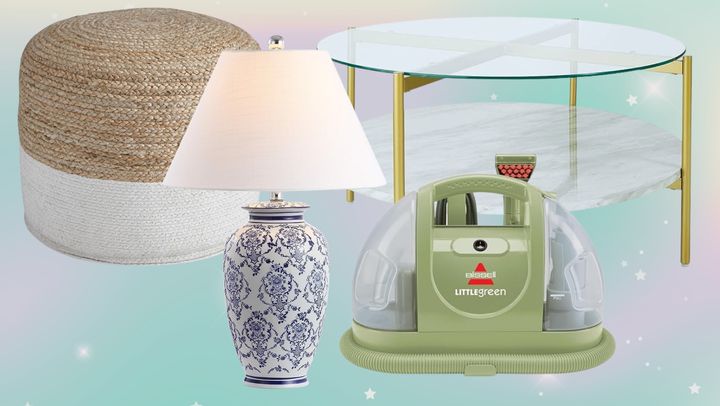 A two-tone pouf ottoman, a ceramic table lamp, the Bissell Little Green portable carpet and upholstery cleaner and a faux marble coffee table from Amazon are all steeply discounted for Black Friday for a limited time.