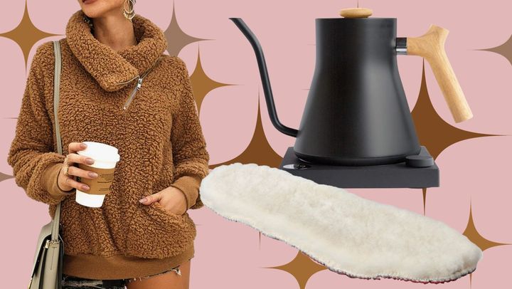 Shearling shoe insoles, a faux shearling zip-up and an electric tea kettle.