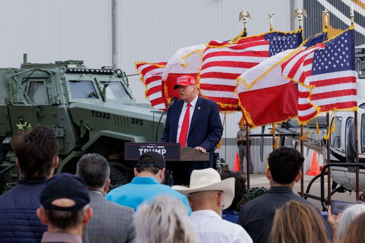 Former President Donald Trump gives remarks at the South Texas International airport on November 19, 2023 in Edinburg, Texas. Trump took the stage shortly after Texas Gov. Greg Abbott officially endorsed him for his 2024 presidential campaign.