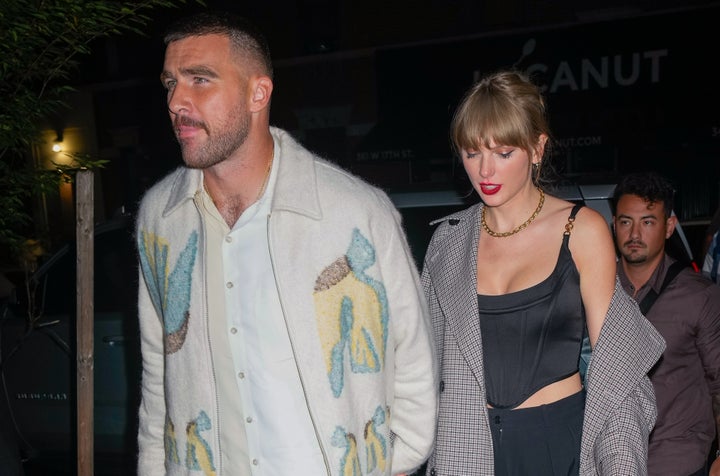 NEW YORK, NY - OCTOBER 15: Travis Kelce and Taylor Swift are seen leaving the SNL after party on October 15, 2023 in New York, New York. (Photo by MEGA/GC Images)