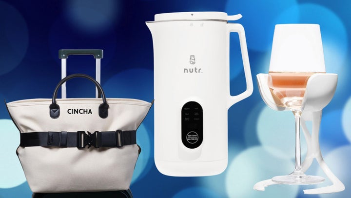 A Cincha luggage strap, milk-alternative machine and stemmed wine glass cooler.