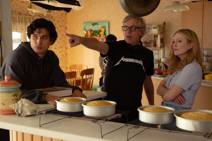 From left: Charles Melton, Todd Haynes and Moore on the "May December" set.
