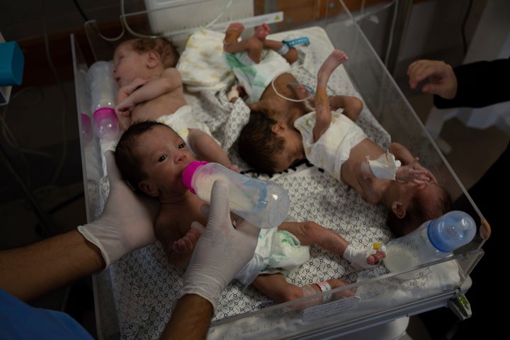 Medics prepare premature babies for transport to Egypt after they were evacuated from Shifa Hospital in Gaza City to a hospital in Rafah, Gaza Strip, on Nov. 20, 2023. The Palestinian Red Crescent rescue service said it was transporting 28 premature babies across the border Monday in an operation organized with U.N. bodies. 