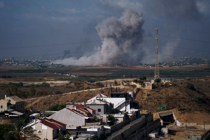 Smoke rises following an Israeli airstrike in the Gaza Strip, as seen from the town of Sderot, southern Israel, on Nov. 21, 2023. 