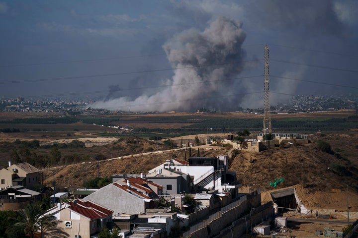 Smoke rises following an Israeli airstrike in the Gaza Strip, as seen from the town of Sderot, southern Israel, on Nov. 21, 2023.