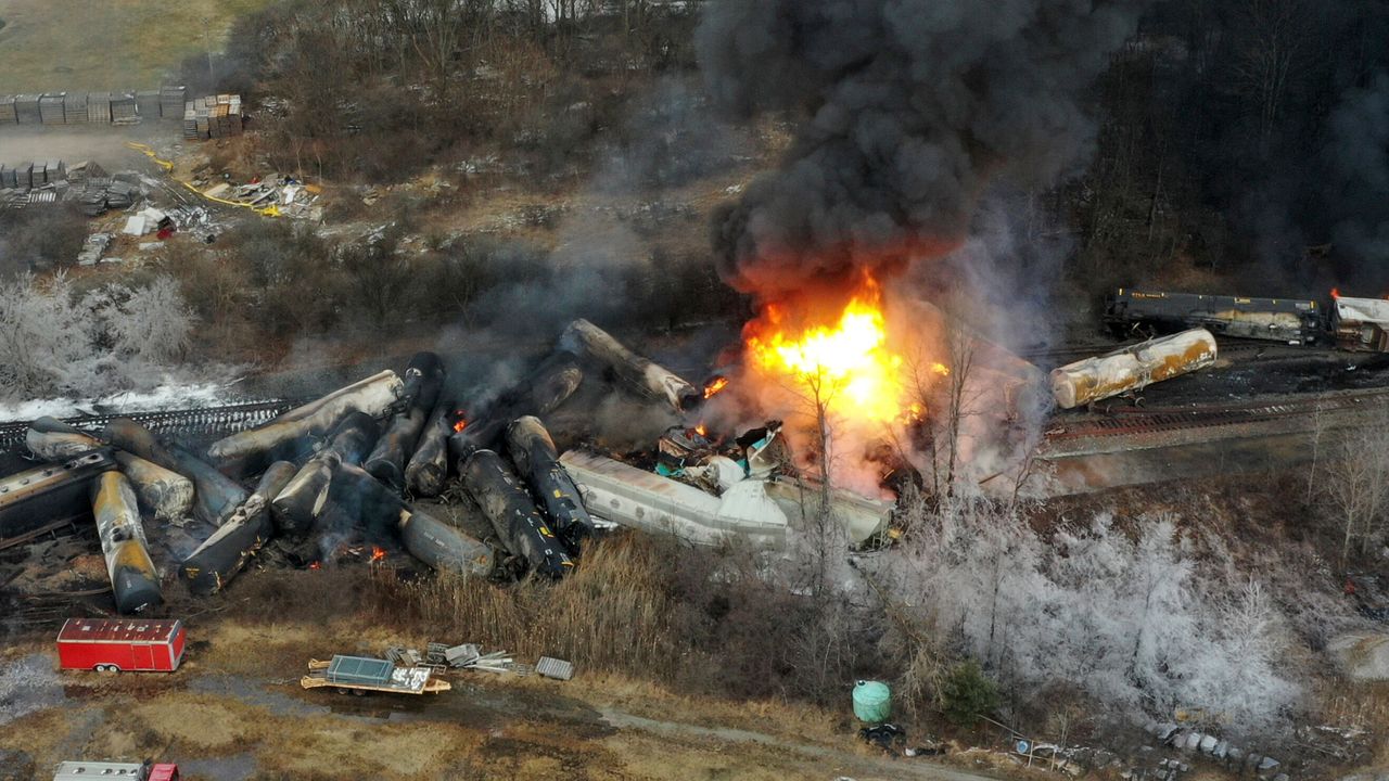 Portions of the Norfolk Southern train burn on Feb. 4, a day after the Ohio derailment.