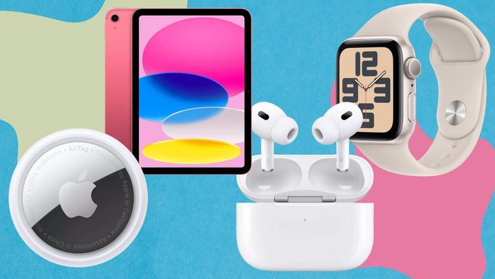 An Apple Airtag, the latest generation of the Apple iPad, AirPods Pro and a second-generation Apple Watch.