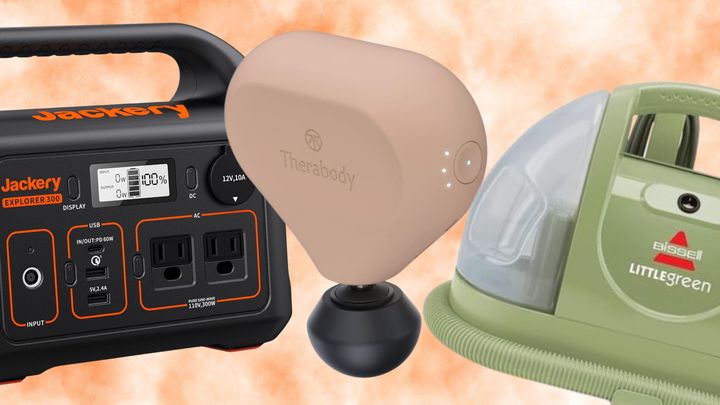 A Jackery portable power station, TheraGun Mini massage device and Bissell Little Green upholstery cleaner