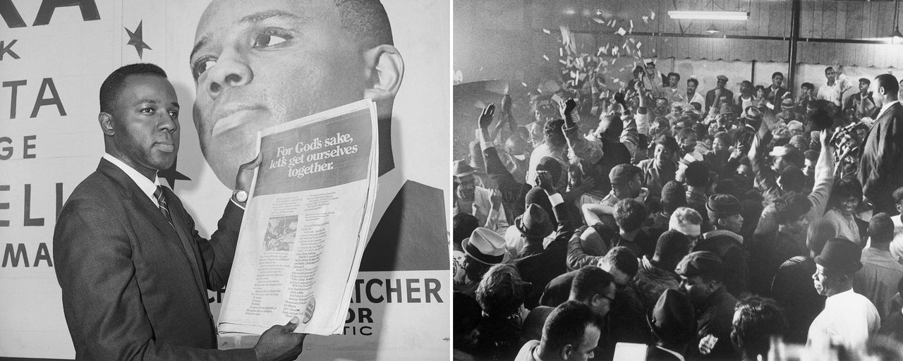 Left: Richard Hatcher looks at an advertisement in the Aug. 24, 1967, New York Times asking for contributions to his campaign for Gary mayor. Hatcher became one of the nation's first Black mayors. Right: Hatcher and his campaign staff cheer after learning he had won on Nov. 7, 1967.