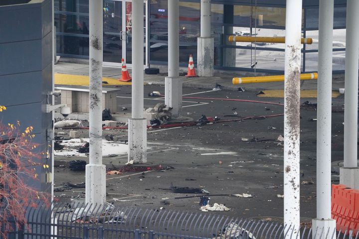 Debris is scattered inside the customs plaza at the Rainbow International Bridge border crossing between the U.S. and Canada after a vehicle exploded at a checkpoint on the bridge north of Buffalo, New York.