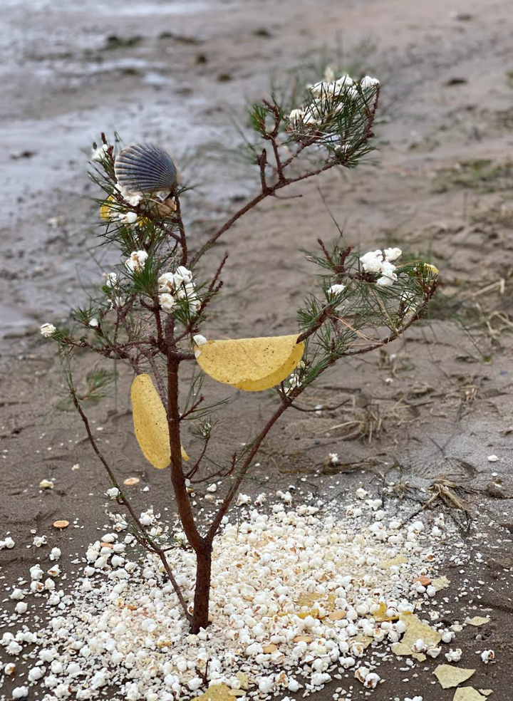 The 2021 Seagull Day tree decorated with taco shells and popcorn.