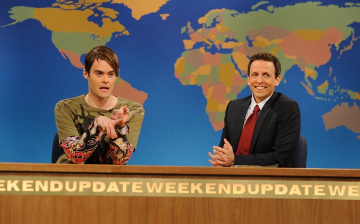 Bill Hader in a 2010 "Saturday Night Live" sketch as Stefon, the club scene aficionado, with Seth Meyers on "Weekend Update."