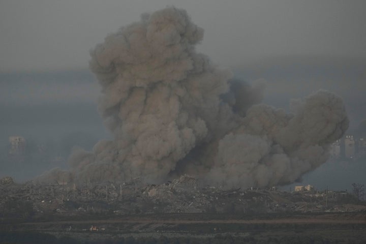 Smoke rises following an Israeli airstrike in the Gaza Strip, moments before the start of a temporary cease-fire between Hamas and Israel, as seen from southern Israel, on Nov. 23, 2023.