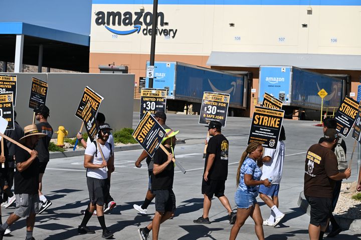 Amazon delivery drivers and dispatchers picket at the company's Palmdale, California, warehouse and delivery center in July.