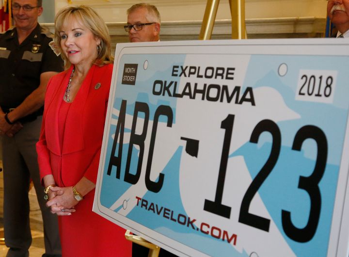 Former Oklahoma Gov. Mary Fallin speaks at an August 2016 news conference on a then-new design for the state license plate in Oklahoma City.