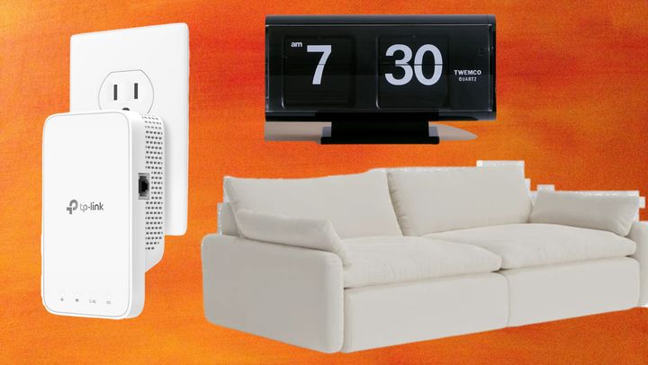 A TP-Link Wi-Fi extender, analog flip clock and Floyd memory foam sectional