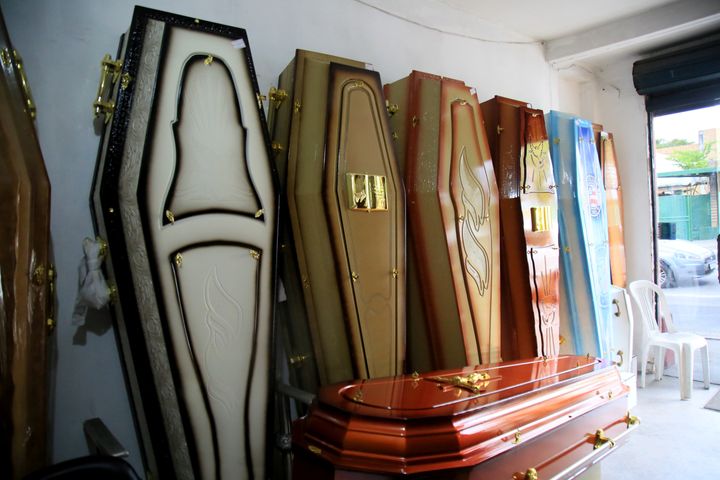 salvador, bahia, brazil - february 19, 2021: a funeral home or coffin of the deceased are seen for sale in a funeral home in the city of Salvador.