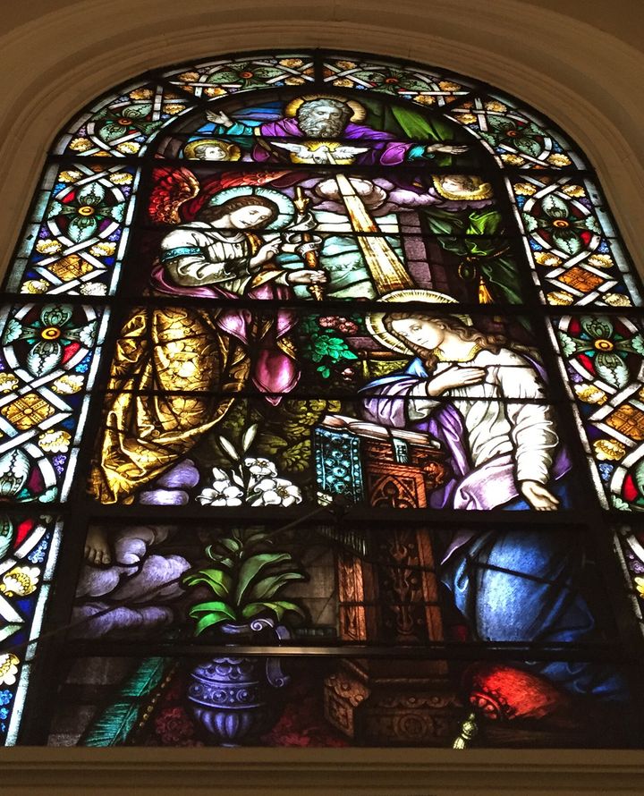 Detail of a stained glass window in Our Lady of Mount Carmel-Annunciation church. Monsignor Jamie J. Gigantiello was removed from his post after allowing singer Sabrina Carpenter to shoot a music video at the church.